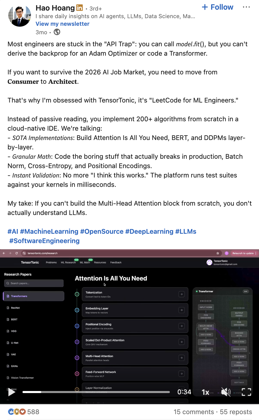 Hao Hoang on LinkedIn: TensorTonic is LeetCode for ML Engineers